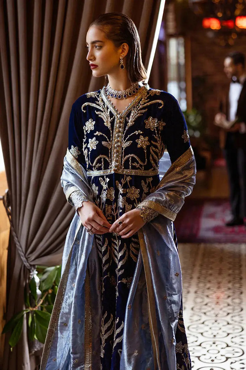 MUSHQ BLACK VELVET - Radiant Outfit highlighting the detailed embroidery work on the bodice and sleeves with zari and sequins. The velvet texture enhances its regal appeal.