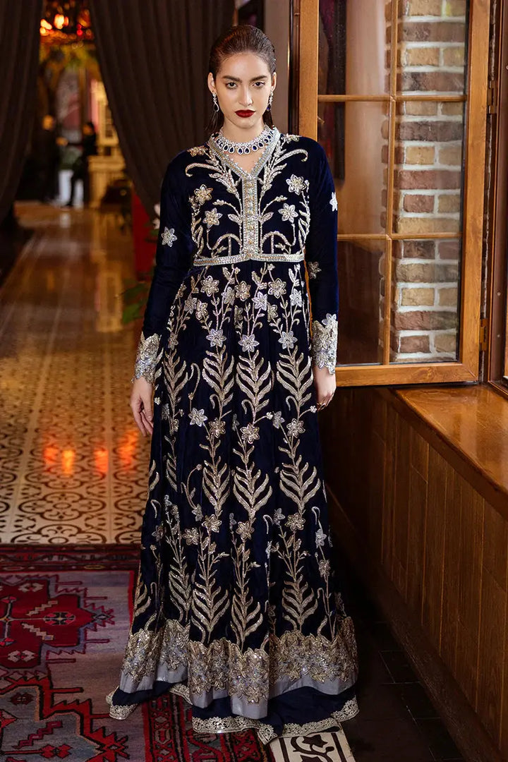 MUSHQ BLACK VELVET - Radiant Outfit styled with a silver organza dupatta and navy velvet shirt adorned with floral embroidery. A premium festive ensemble.