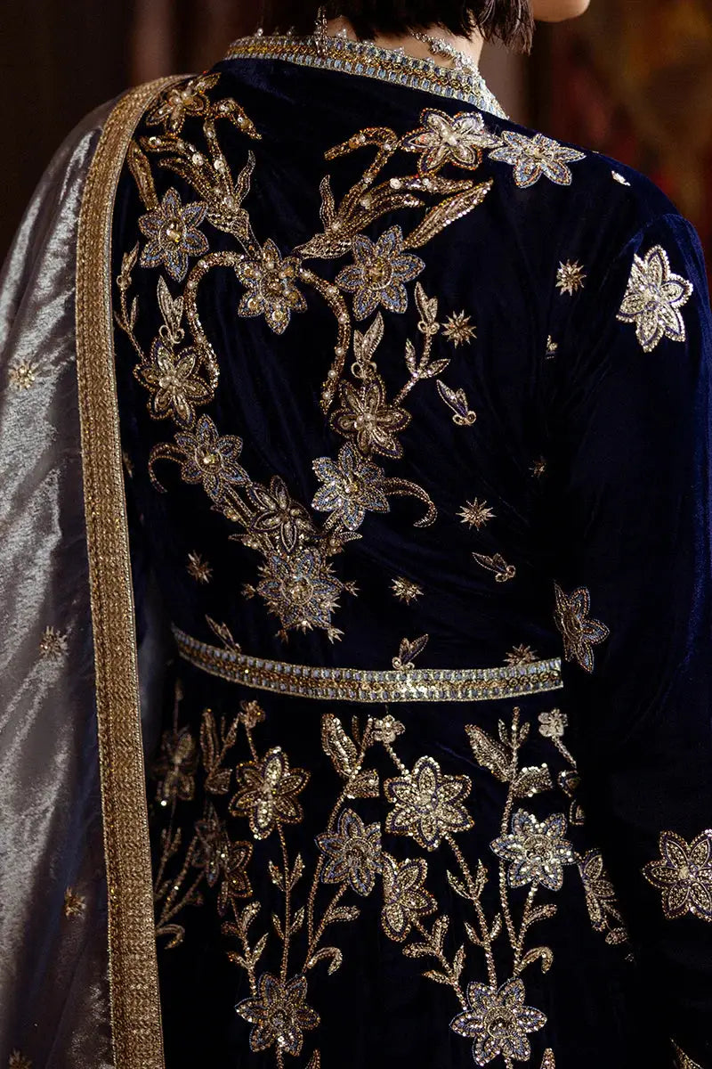 MUSHQ BLACK VELVET - Radiant Outfit back view with flowing silver dupatta and detailed embroidery on the shirt. A timeless design for formal occasions.