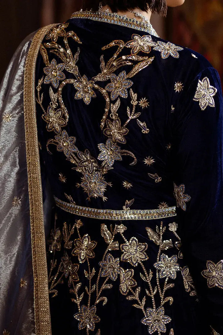 MUSHQ BLACK VELVET - Radiant Outfit back view with flowing silver dupatta and detailed embroidery on the shirt. A timeless design for formal occasions.