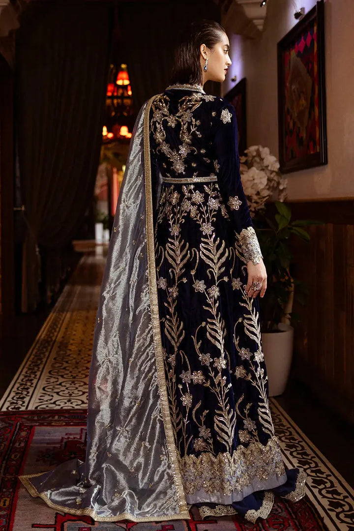 MUSHQ BLACK VELVET - Radiant Outfit featuring a blue velvet shirt, embellished with zari, sequins, and embroidery, paired with a silver organza dupatta. Ideal for festive and wedding wear in the Apparel & Accessories > Clothing category.