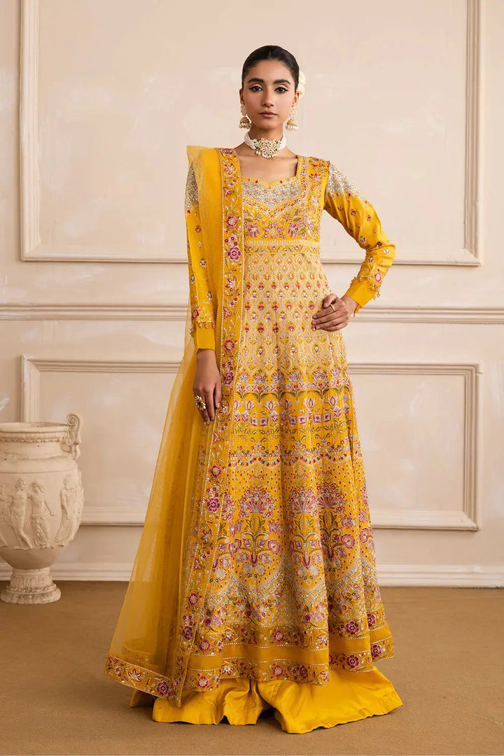 MARYUM N MARIA ZARINA yellow Anarkali dress with sweetheart neckline, floral embroidery, and flared pants. Ideal for Mehendi celebrations.