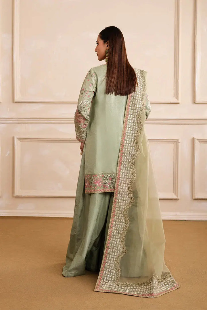 Back view of EZRA MW40066 - Maryum N Maria mint pret outfit showing embroidered dupatta and plain back shirt, perfect for elegant occasions.