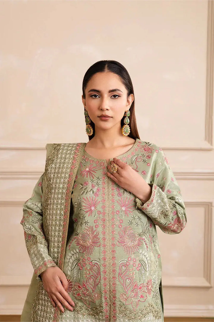 EZRA MW40066 - Maryum N Maria mint green pret outfit featuring floral embroidery on shirt with matching dupatta and bottom, ideal for festive wear.