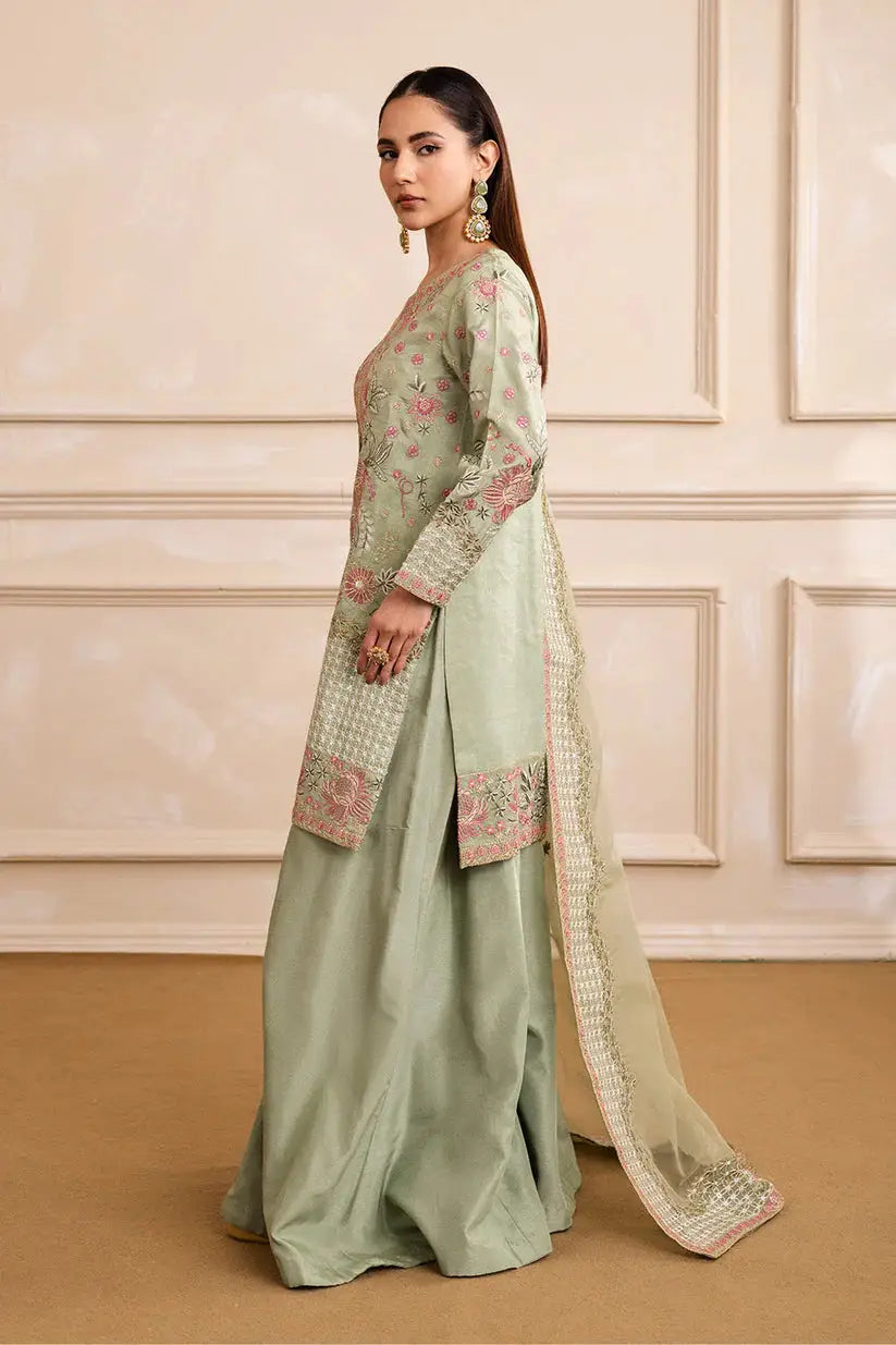 Side view of EZRA MW40066 - Maryum N Maria mint pret outfit showing intricate embroidery and flowy silhouette, ideal for festive gatherings.