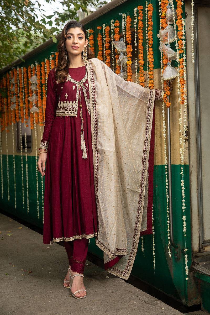 MARIA.B Maroon Suit, Jacket and long linen Frock | DW-W22-37-Rangreza Outlet