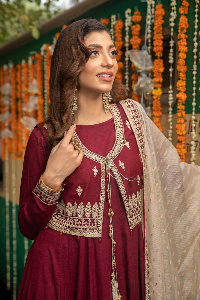 MARIA.B MARIA.B Maroon Suit, Jacket and long linen Frock | DW-W22-37   Rangreza