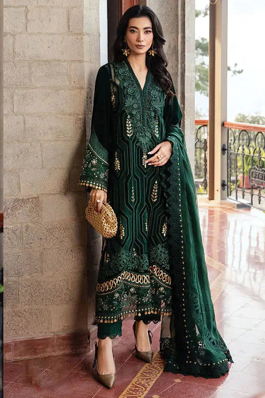 RANGREZA Green Party Wear featuring an embroidered shirt, trousers, and a dupatta with organza patches and velvet details. Elegant emerald green outfit for festive occasions.