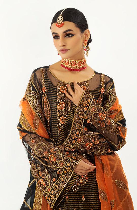 slim fit dress slacks Maryum N Maria Pakistani Long Black Formal Dress | QFD-0060