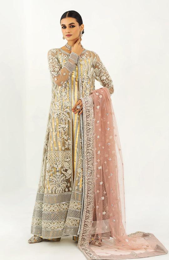 Maryum N Maria Pakistani Grey Gold Long Dress | QRG-0019-Rangreza Outlet