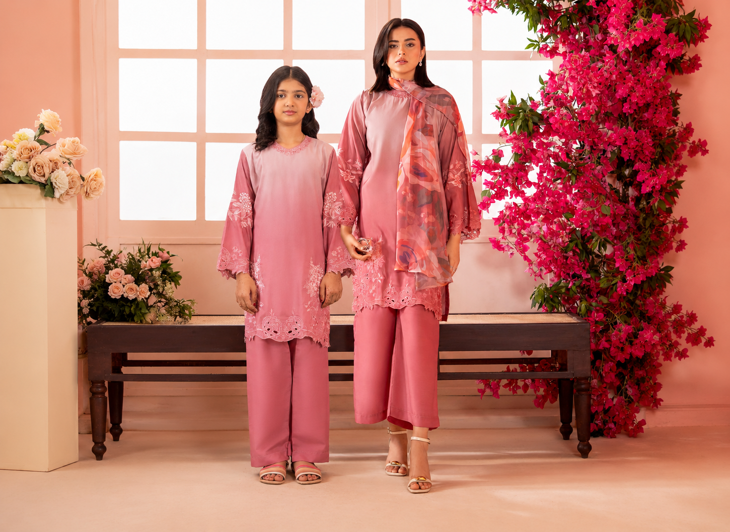 Two women in matching pink traditional outfits standing in a decorated room with flowers.