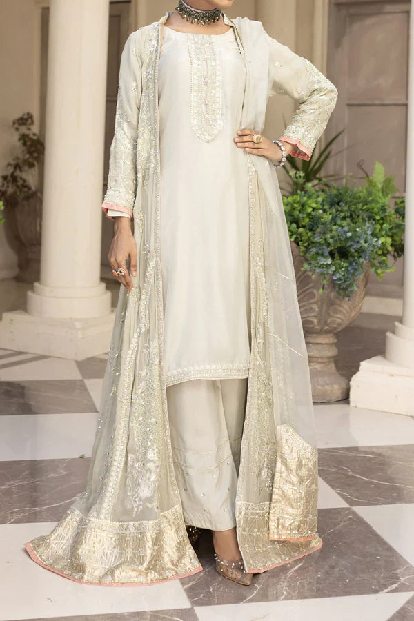 Full view of light grey Pakistan gown dress woman with embroidered shirt pants and dupatta, ideal for formal occasions.