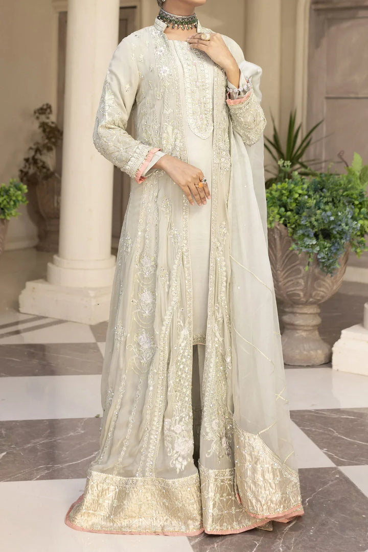 Full front view of light grey Pakistan gown dress woman with gold embroidered hem and sheer dupatta, elegant and festive.