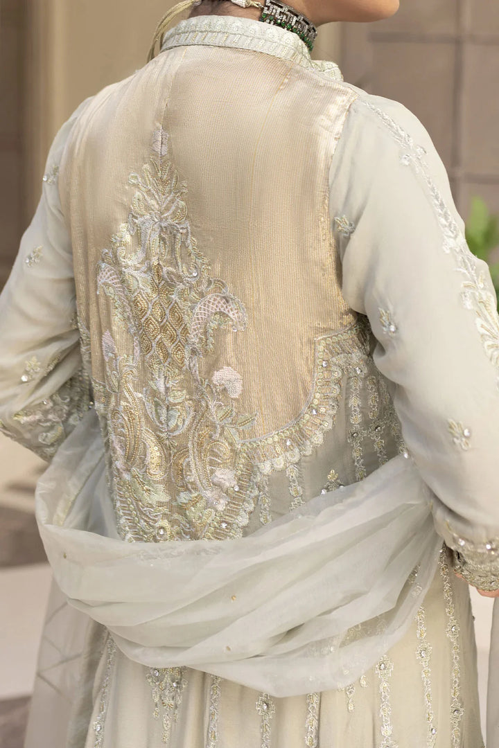 Back embroidery detail of light grey Pakistan gown dress woman, showcasing intricate craftsmanship and elegant design.
