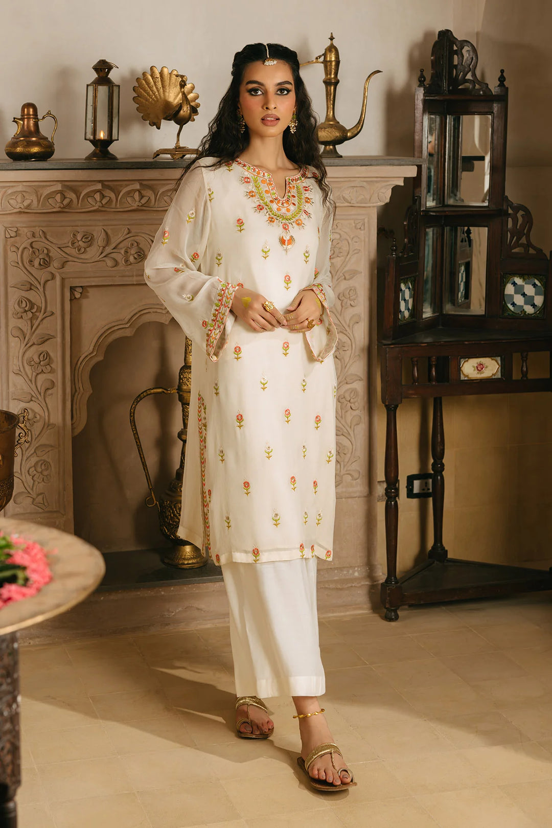 RANGJA RANGJA Peach Phool Shirt | FR089204-06 SHIRT RANGREZA USA 7327625425 United States M OFFWHITE Chiffon M / OFFWHITE / Chiffon L / OFFWHITE / Chiffon