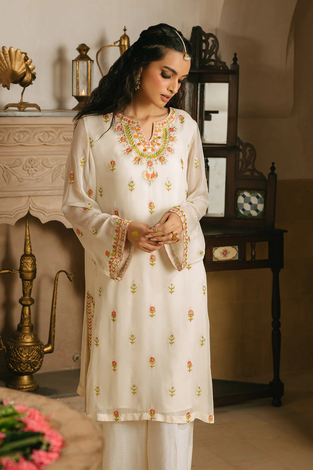 RANGJA RANGJA Peach Phool Shirt | FR089204-06 SHIRT RANGREZA USA 7327625425 United States M OFFWHITE Chiffon M / OFFWHITE / Chiffon L / OFFWHITE / Chiffon