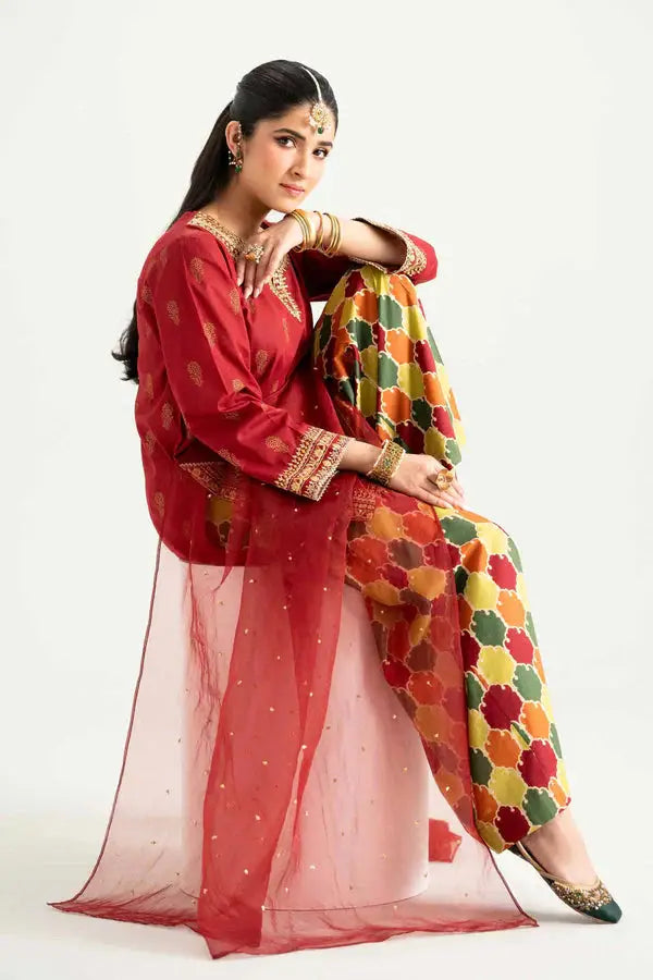 3 Piece - Printed Embroidered Suit | PMD25-13