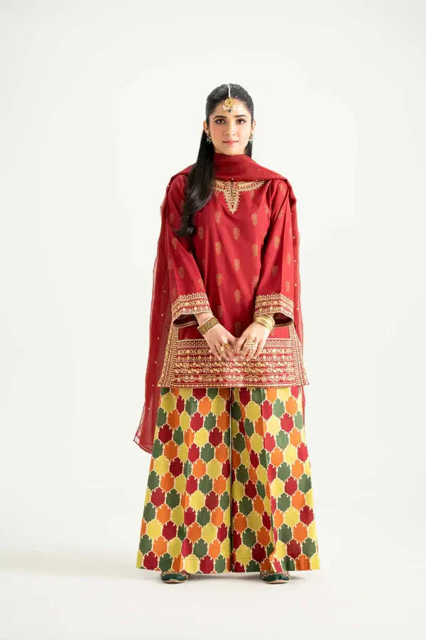 3 Piece - Printed Embroidered Suit | PMD25-13