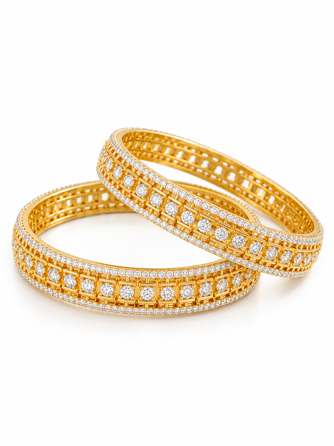 Gold Tone Lattice Bangles with Clear Round Stones | GG-06
