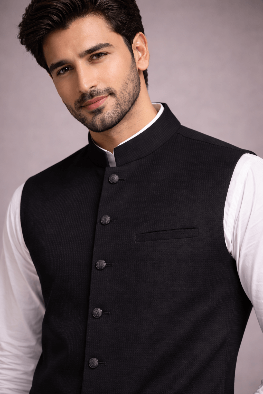 Man wearing a black vest over a white shirt against a neutral background