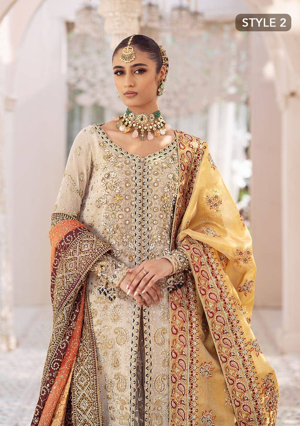 Rangreza Zari Suit RR-4110 with a contrasting embroidered dupatta, showcasing luxurious Kundan and zari craftsmanship for a timeless appeal.