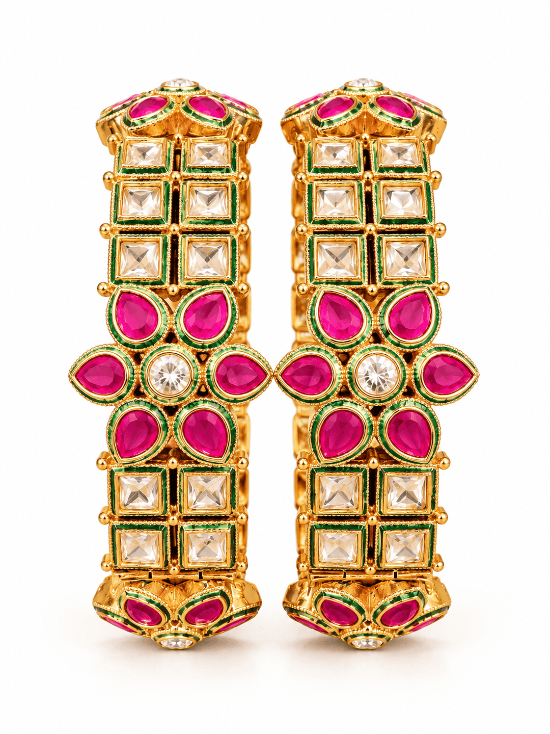 Polki Kundan Pink Stone Bangles with Floral Design | GG-02
