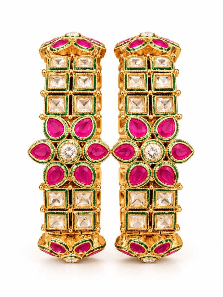 Polki Kundan Pink Stone Bangles with Floral Design | GG-02