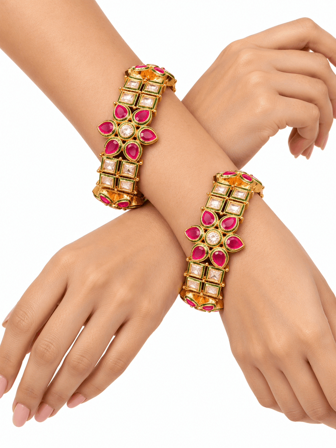 Polki Kundan Pink Stone Bangles with Floral Design | GG-02