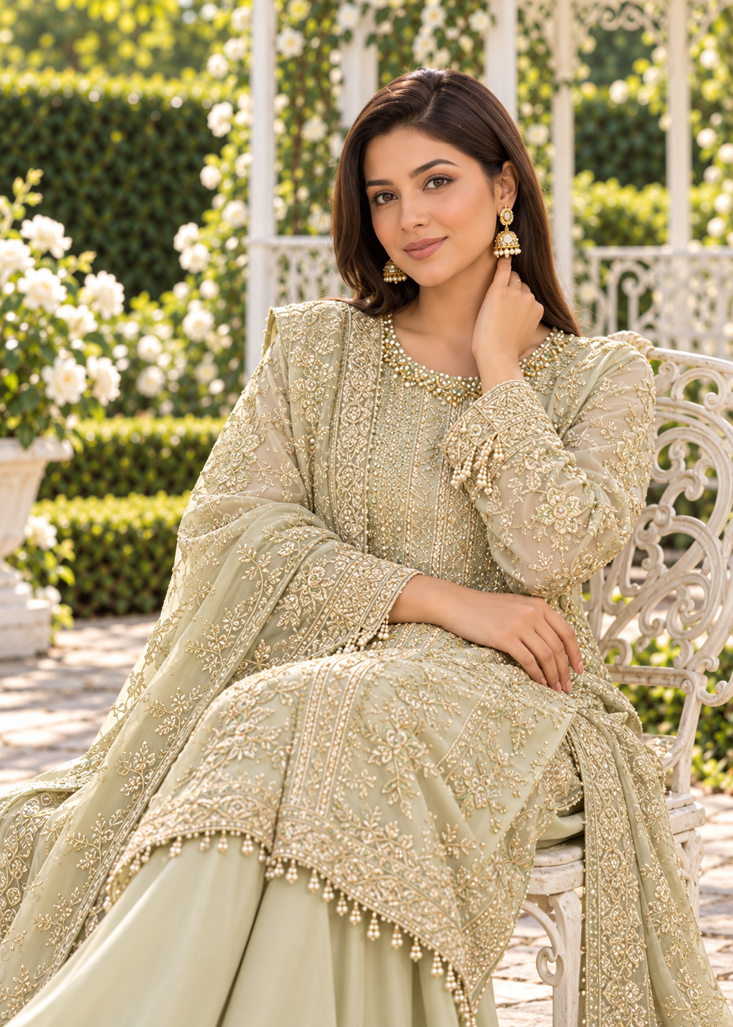 GREEN 3 Piece Embroidered Organza Suit | AL-3881-16