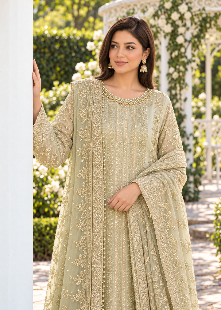 GREEN 3 Piece Embroidered Organza Suit | AL-3881-16