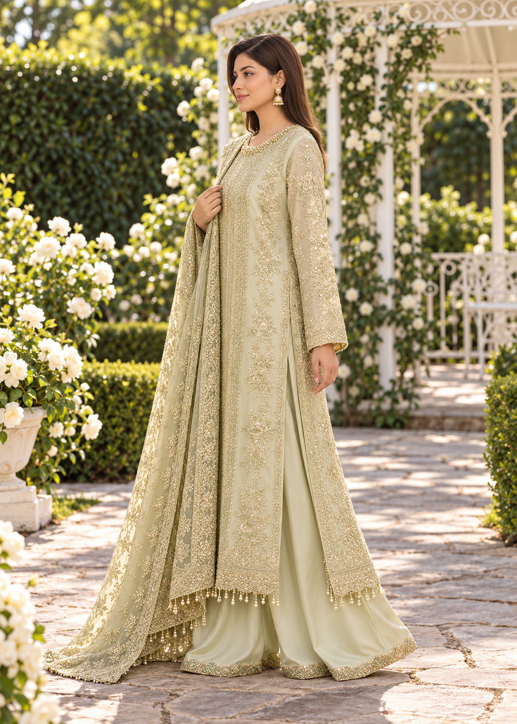 GREEN 3 Piece Embroidered Organza Suit | AL-3881-16