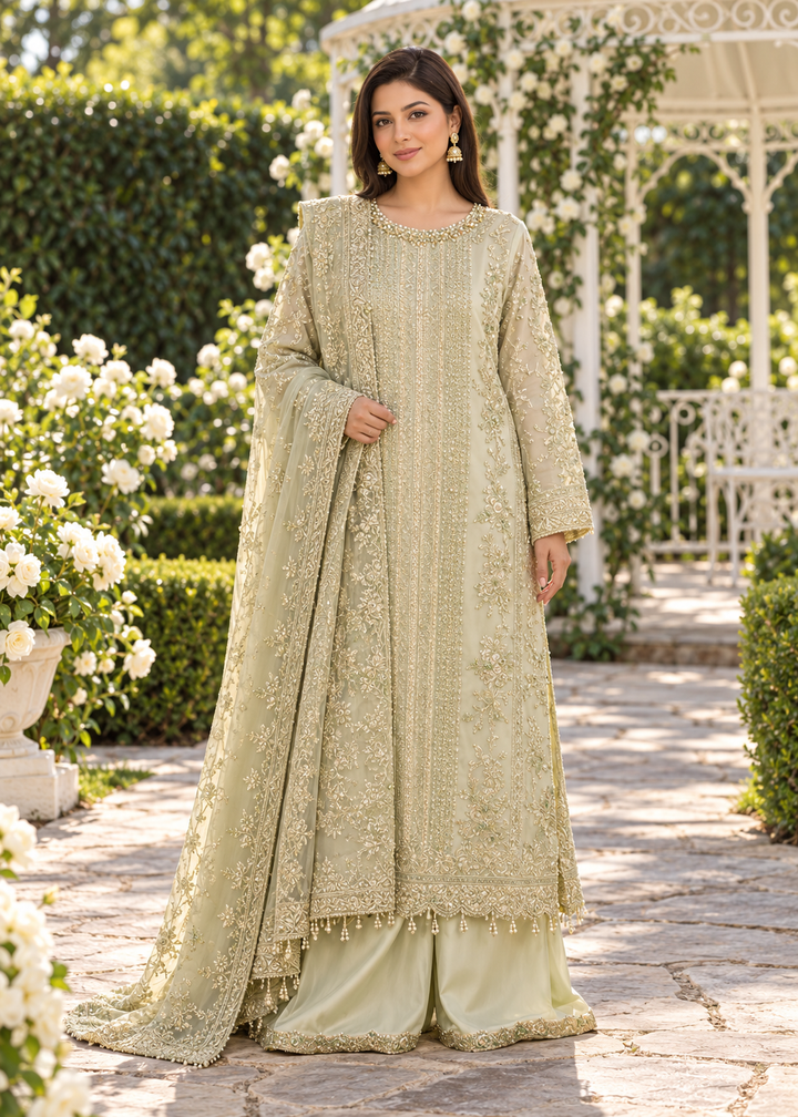 GREEN 3 Piece Embroidered Organza Suit | AL-3881-16