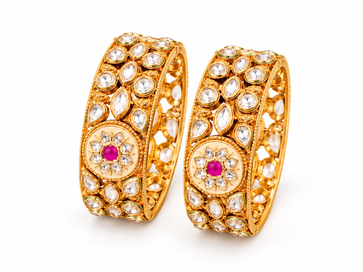 Polki Kundan Bangles with Pink Floral Medallions | GG-01