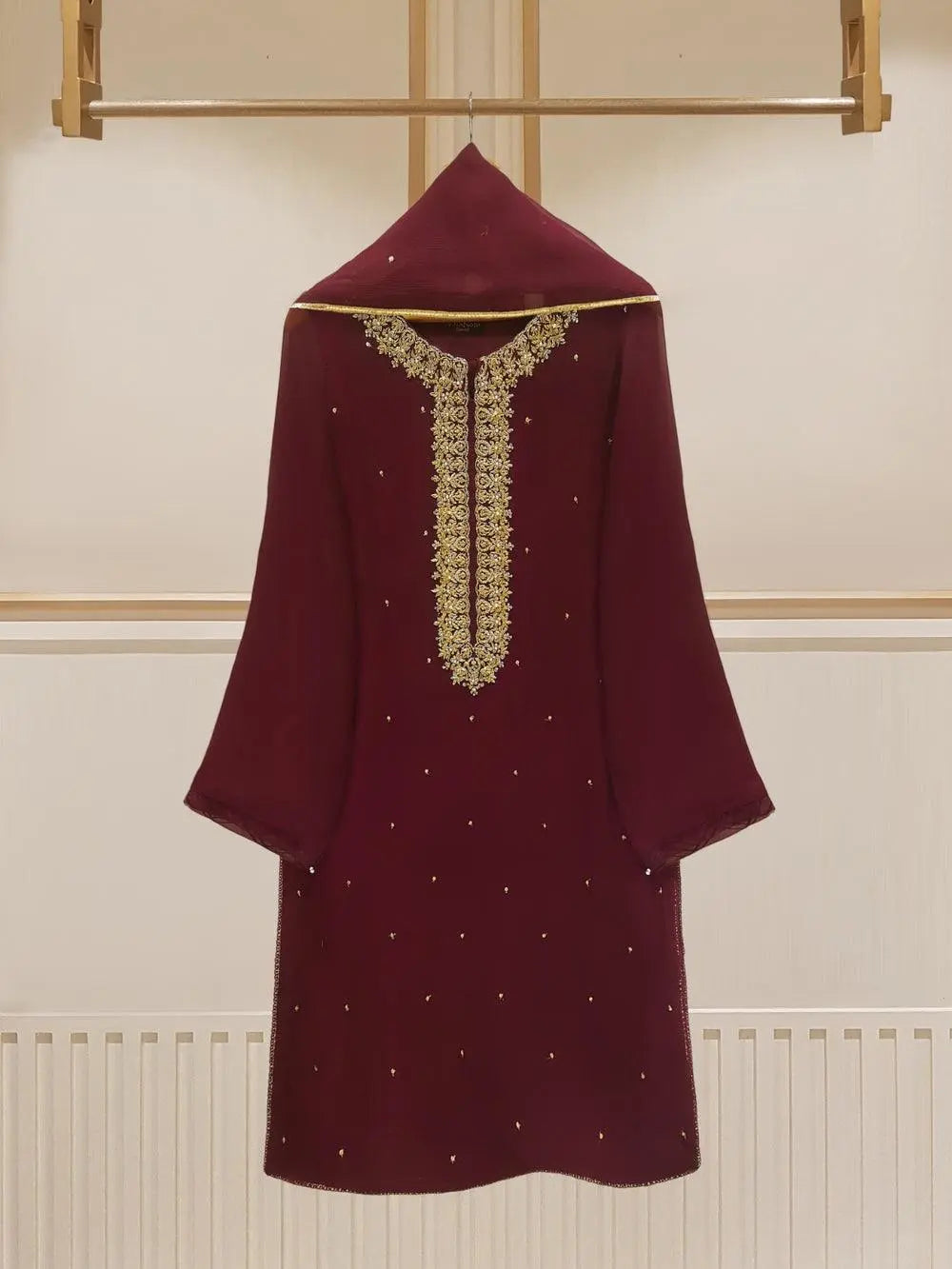 Maroon chiffon dress with embroidered neckline