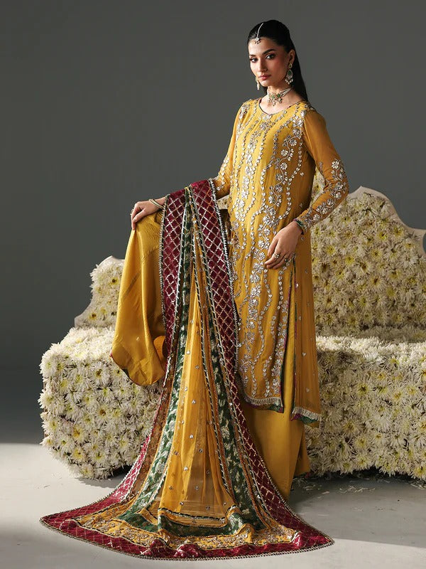 Side view of yellow embroidered sharara suit with dupatta, clothing, festive attire