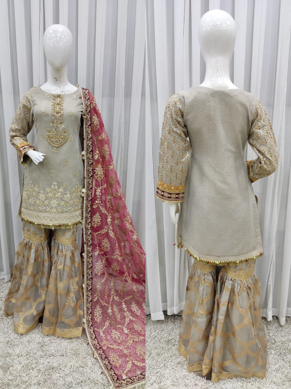 RANGREZA Rangreza Pakistani Gharara OFFWHITE suit | RR-3325-15 SHIRT BOTTON AND DUPATTA RANGREZA USA 7327625425 United States S Off White Net S / Off White / Net M / Off White / Net XL / Off White / Net