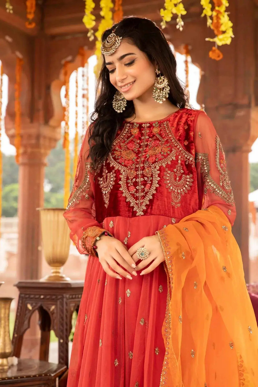 orange and pink pakistani dress Maria B brand Pakistani Apparel