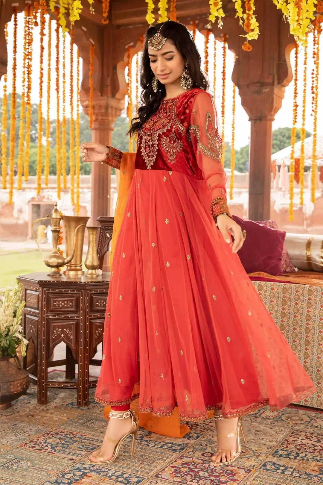 Maria B brand Pakistani Apparel Coral Pink Long Frock RANGREZA USA