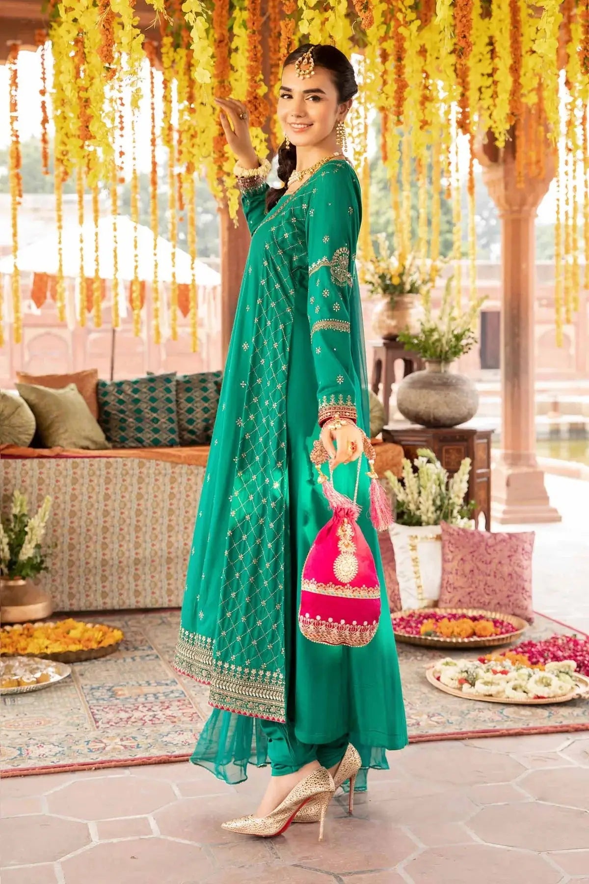 Pakistani Engagement Dress Green Frock with Pajama