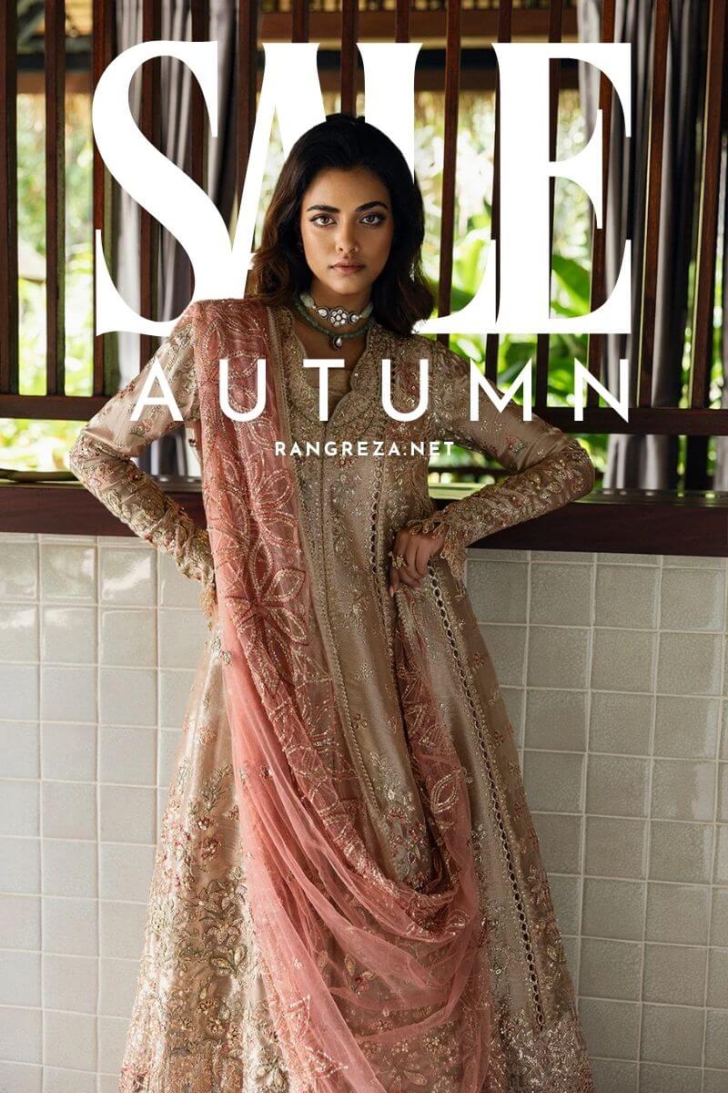 Woman in an embroidered dress with 'SALE AUTUMN' text overlay