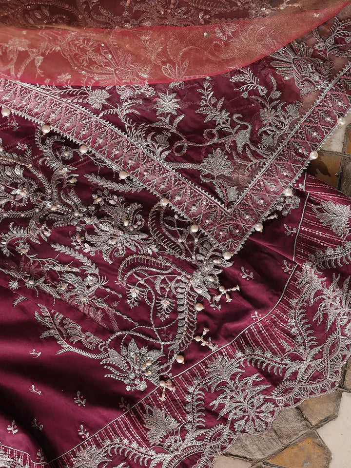 Maroon embroidered organza maxi with pearl and spangle details