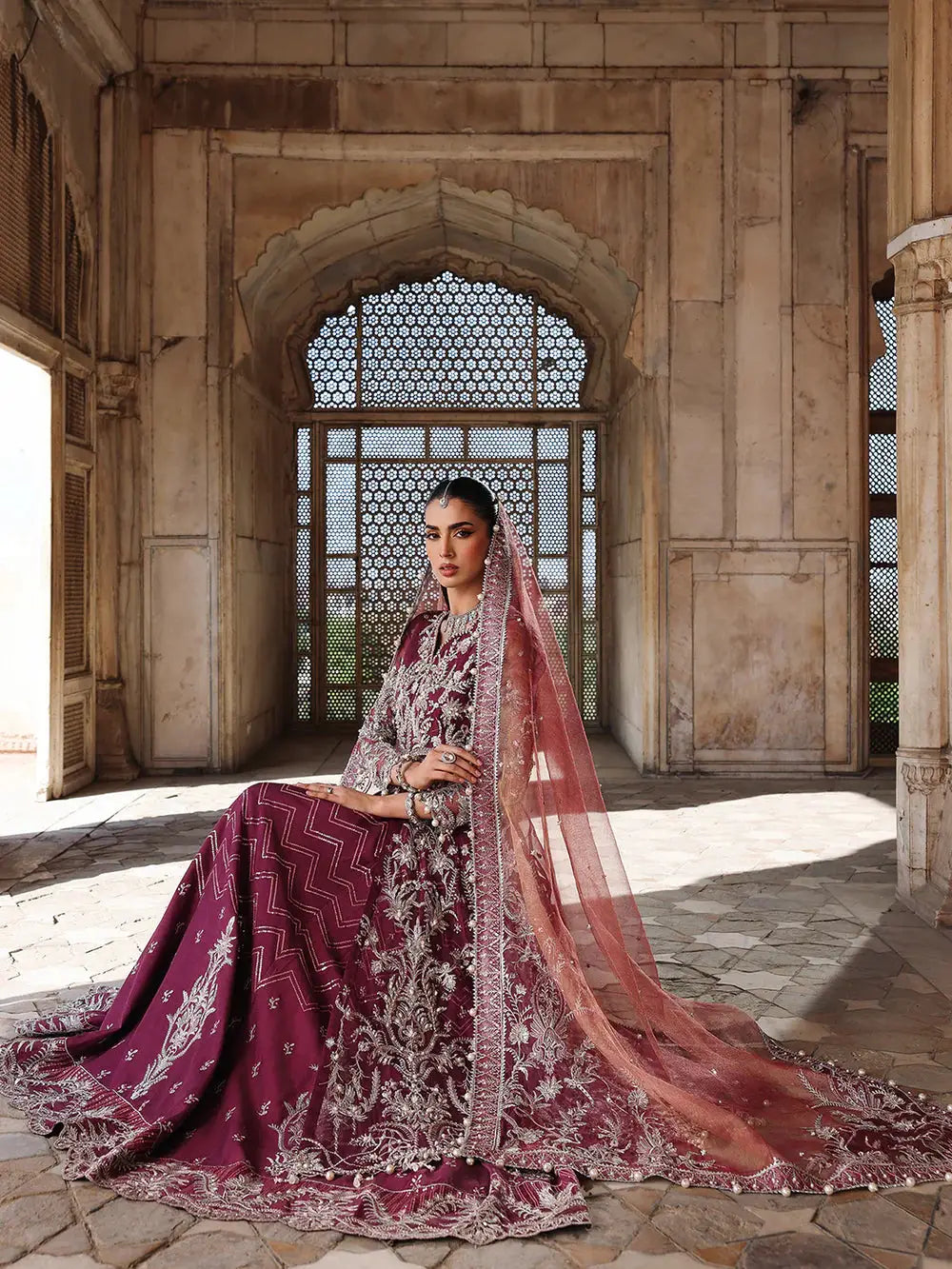 Maroon embroidered bridal dress with silver details and sheer dupatta
