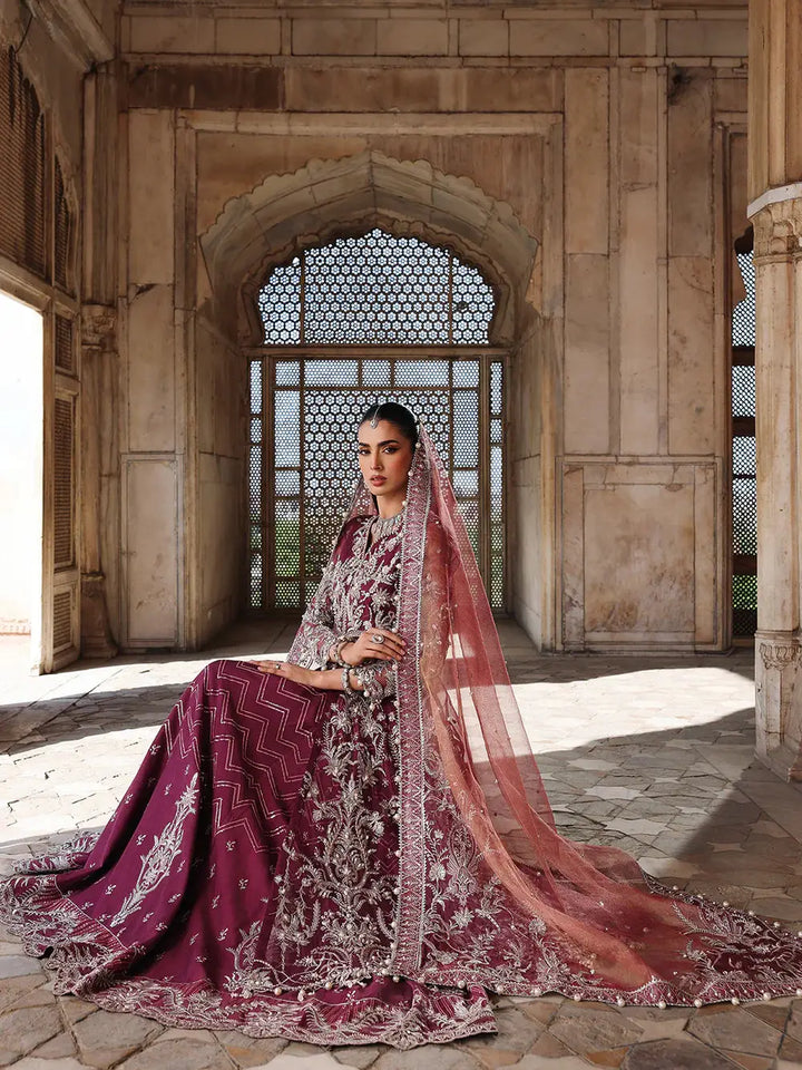Maroon embroidered bridal dress with silver details and sheer dupatta