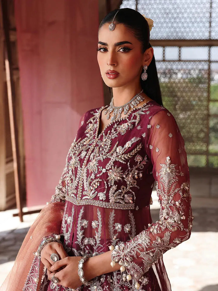 Maroon embroidered bridal dress with silver embellishments