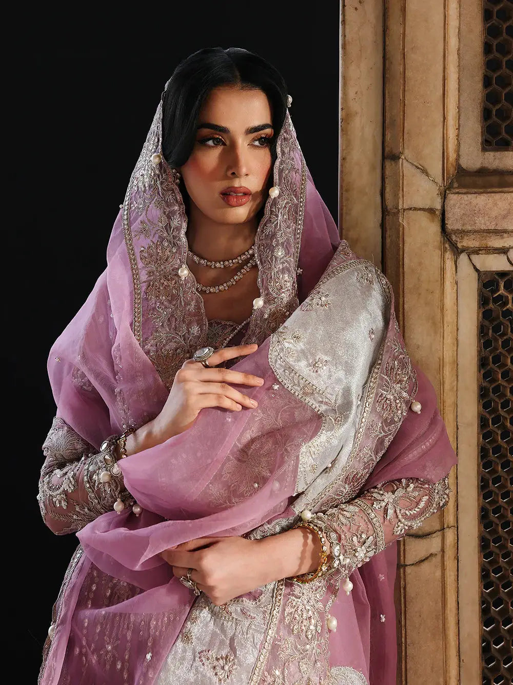 Elegant traditional embroidered dupatta with pearls and sequins