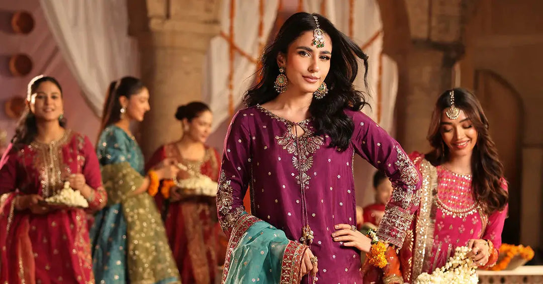 Chic Purple Raw Silk Suit showcasing Pakistani fashion