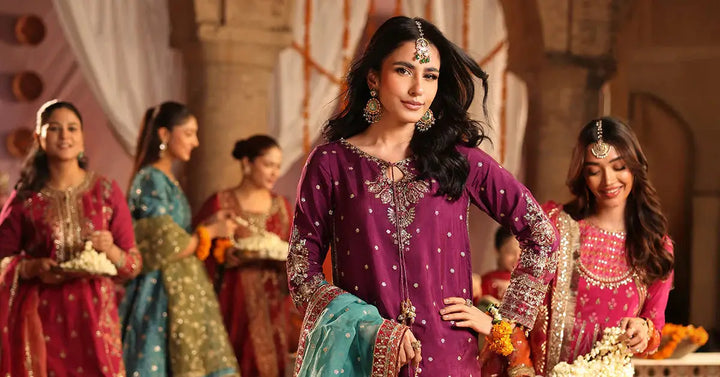Chic Purple Raw Silk Suit showcasing Pakistani fashion