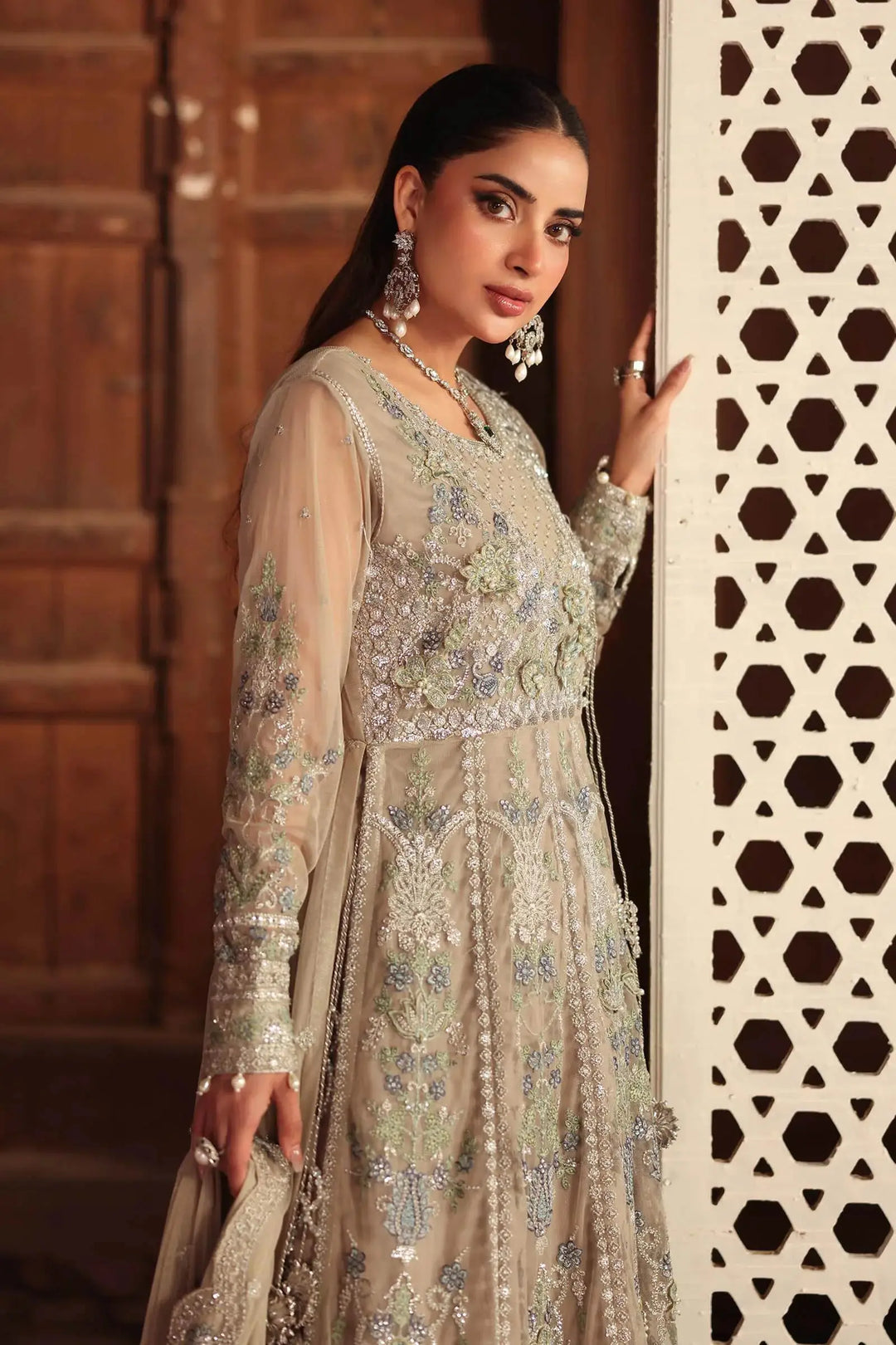 Close-up of Elegant Embroidered Net Suit showing neckline and sleeve detailing, designed for Asian wedding and festive wear.
