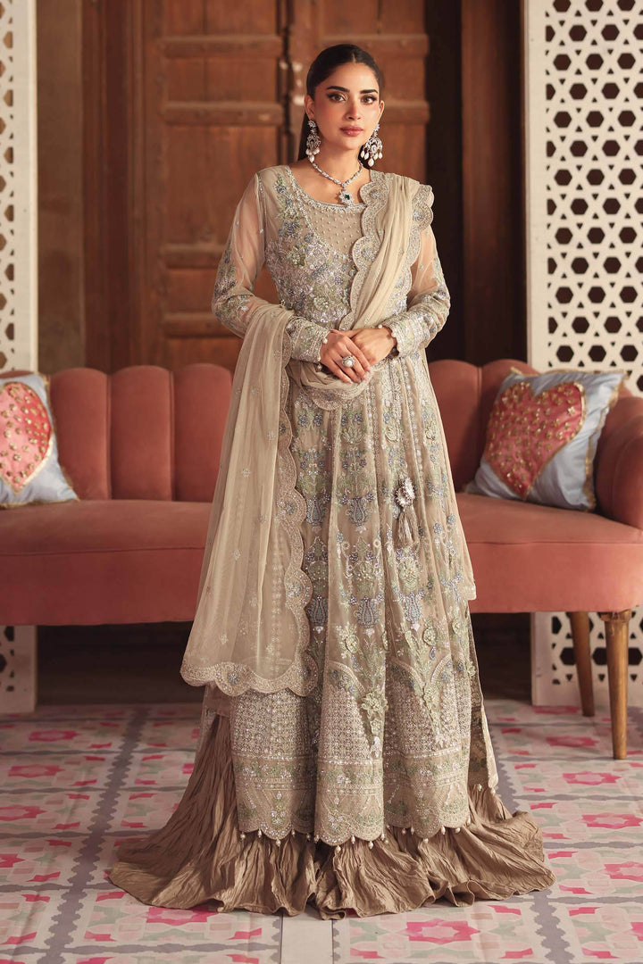 Embroidered Net Suit for Asian Wedding Wear featuring 3D floral details and scalloped dupatta, perfect for festive and bridal occasions.