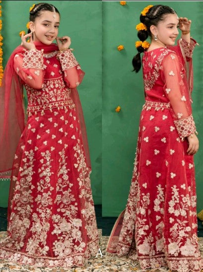 Front and back view of AL-4091 Kids Choli Lehenga set with shirt, bottom, and dupatta in red, adorned with premium handwork and embroidery.